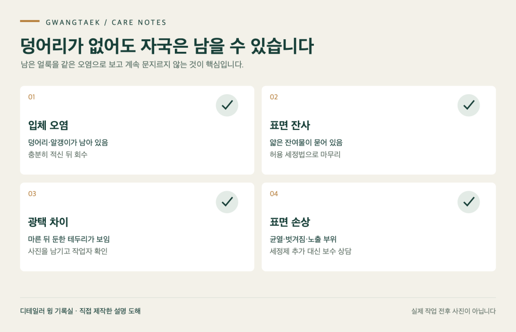 덩어리가 없어도 자국은 남을 수 있습니다 — 입체 오염, 표면 잔사, 광택 차이, 표면 손상