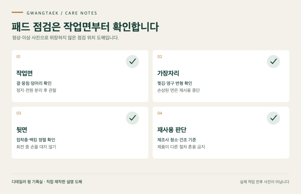 패드 점검은 작업면부터 확인합니다 — 작업면, 가장자리, 뒷면, 재사용 판단